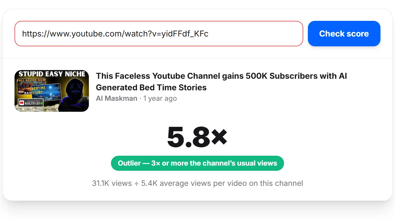 TubeGrade Video Outlier Score Checker showing a 5.8x score: 31.1K views divided by 5.4K average views