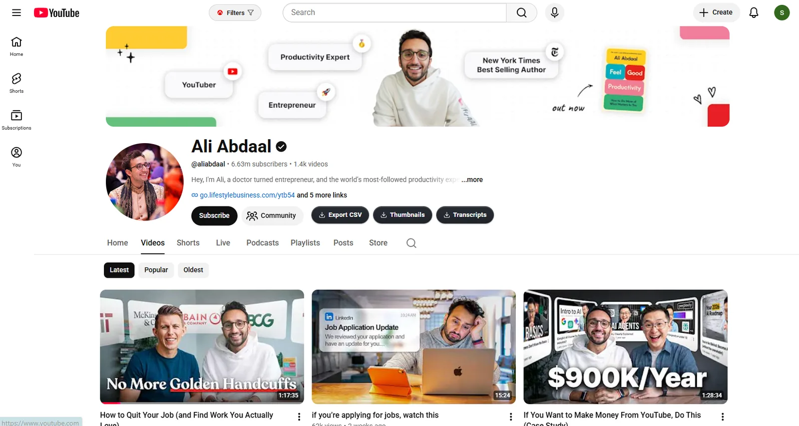 TubeGrade extension on a YouTube channel page showing subscriber count, country, monetization status and an Export CSV button.