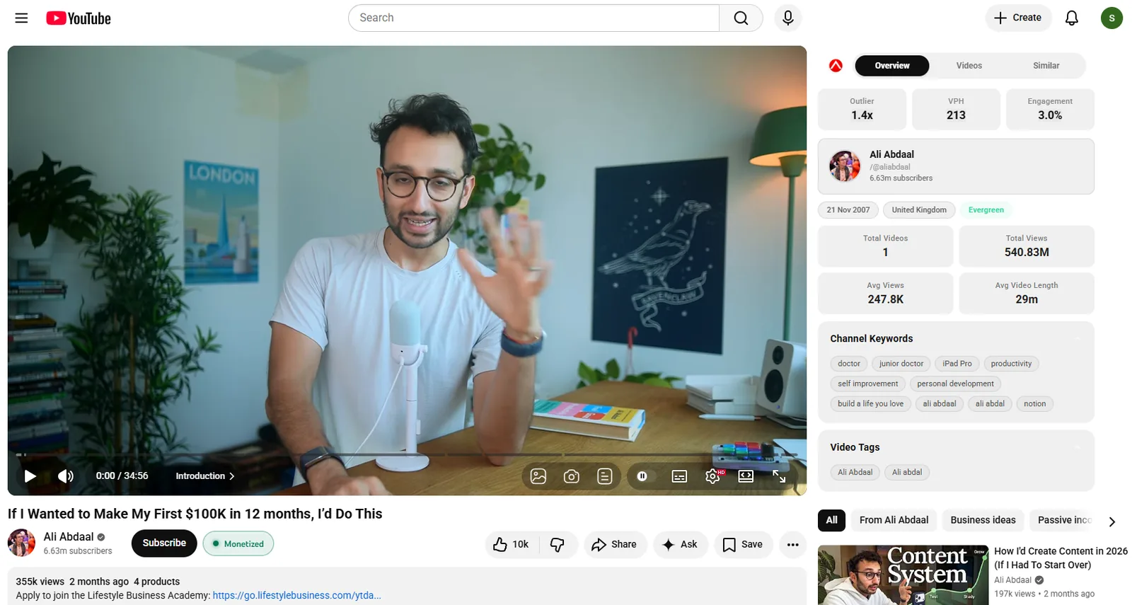 TubeGrade extension on a YouTube watch page showing the outlier score, views-per-hour, engagement and monetization status in a sidebar panel.