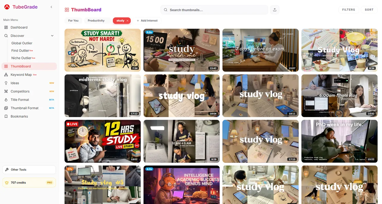 TubeGrade ThumbBoard — a board of YouTube thumbnails with outlier scores